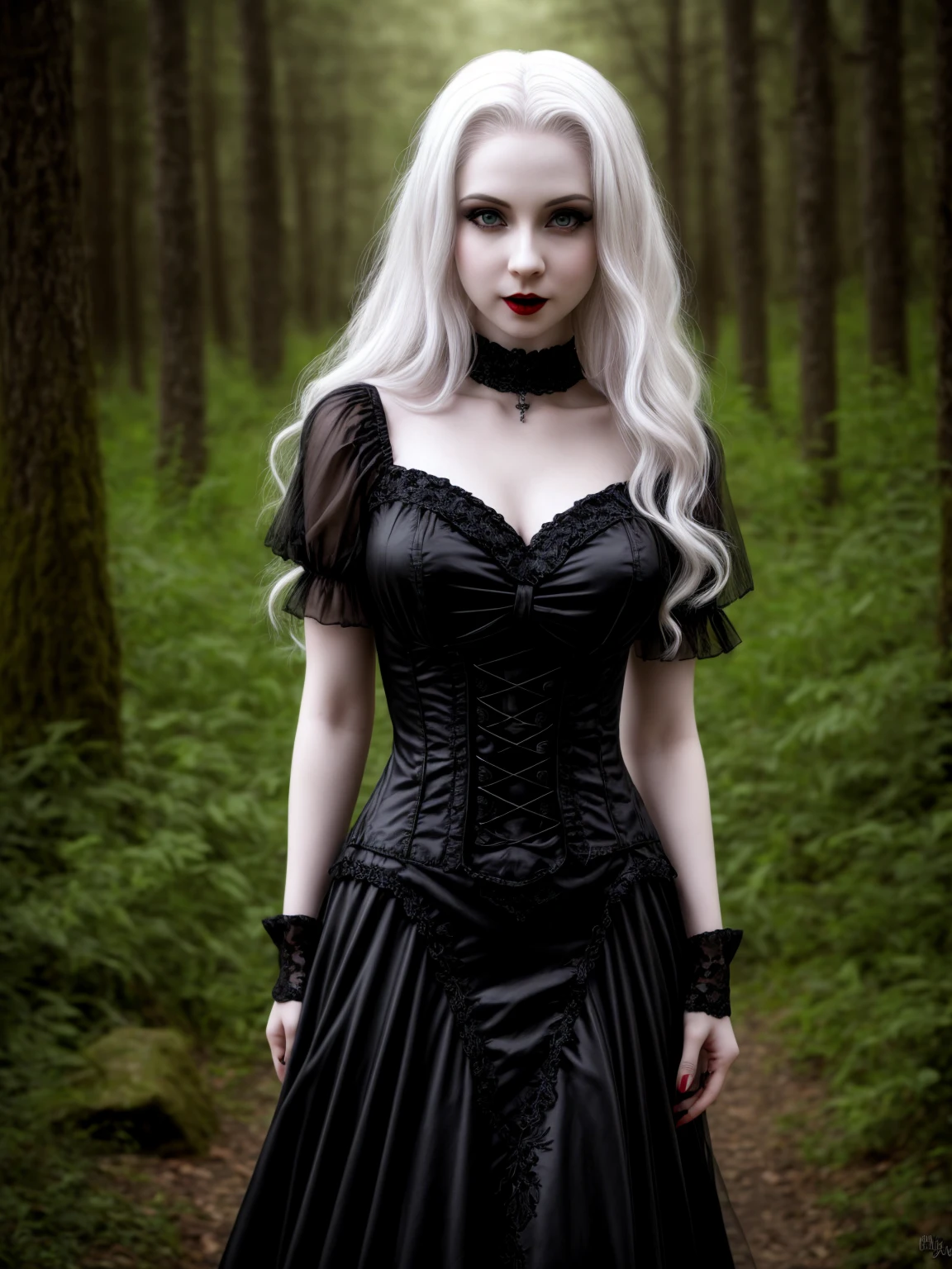female sexy vampire|albino, pale porcelain skin, sexy vintage black dress, smile, shallow depth of field, grin|creepy, nightfall, detailed face, night, wide hips, narrow waist, portrait of woman standing, detailed eyes, portrait of woman standing, 8k RAW photo, highest quality, looking at the viewer, best shadow, intricate details, long hair, bright eyes, forest, grave, gothic, goth detailed, highres, high qualilty, high saturation
