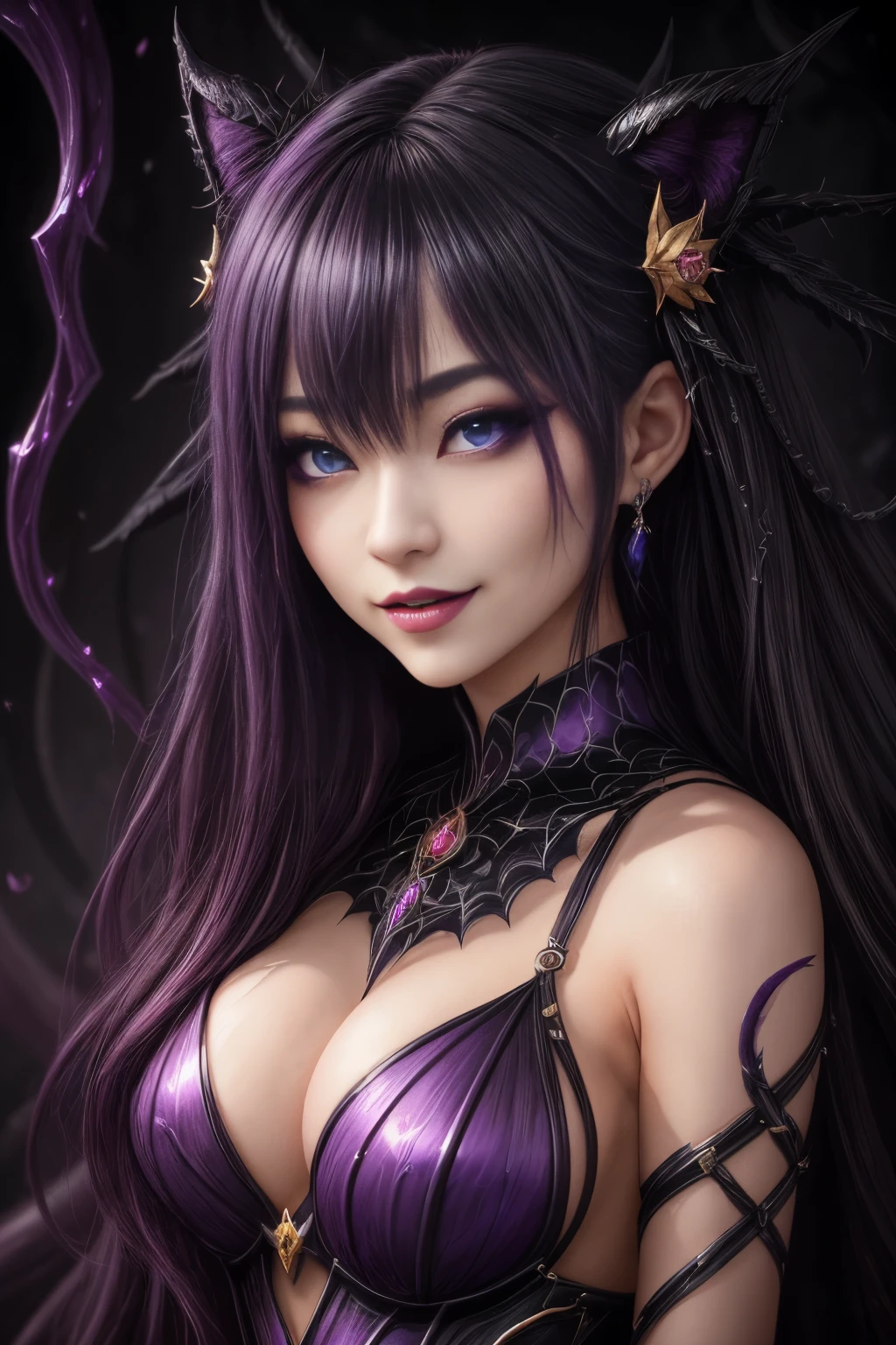 Powerful super evil female poses in closeup, Black Goddess (Bare shoulders), length, Flowing purple hair, View your audience, Highly detailed face, Perfect hands, Blue smoke swirling around her, Love evil things, Captivating blue eyes, Dark fantasy, , realistic girl rendering, 8k artistic german bokeh, Enchanting girl, Real Girls, Gurwitz, Gurwitz-style artwork, Girl Roleplay, Realistic 3D style, cgstation Popular Topics,, 8K Portrait Rendering,(truth,truth:1.4)、Genuine, Symmetric, High detail, Esoteric arachnids lady, Spider Queen Elise, League of Legends, Esoteric arachnids, Combat Stance, ( The body is made with liquid metallic paints in metallic mauve and metallic black....、It beautifully depicts the female form....。), length, Sharp Fangs, nature, ((Complex metallic colors in the foreground)), (( Fluid Mechanics, The most beautiful smooth scale face makeup, Smirking expression)) - Dark blood, Onyxia、Noir painting of a beautiful young witch, length purple hair, dark purple lips, evil, evil female, smile, Black Prom Dress, She is coming to you, close, Bright Blue Eyes, Surrounded by swirling pink smoke, Genuine, High detail, Highest quality