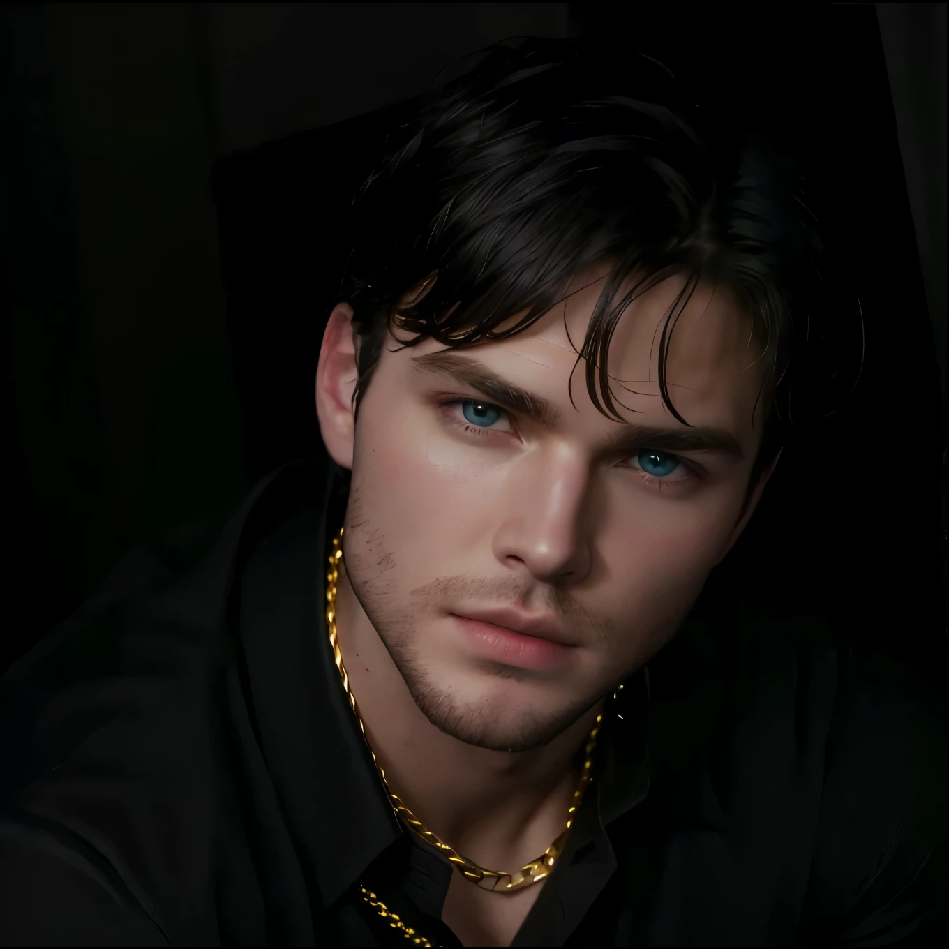 Arafed man with a black shirt and a gold chain around his neck., Stephen Amell, inspired by Stephen Amell, inspired by Chris Hemsworth ,Beautiful face and beautiful face, inspired by Stephen Amell, High resolution, high quality and details 8K ojos azulados