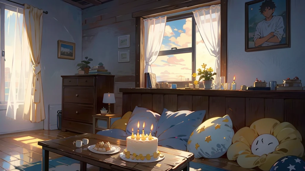 Dark apartment, small birthday cake on old wooden table, modern apartment, alarm clock on the wall,anime scene.Upward shot,No humans