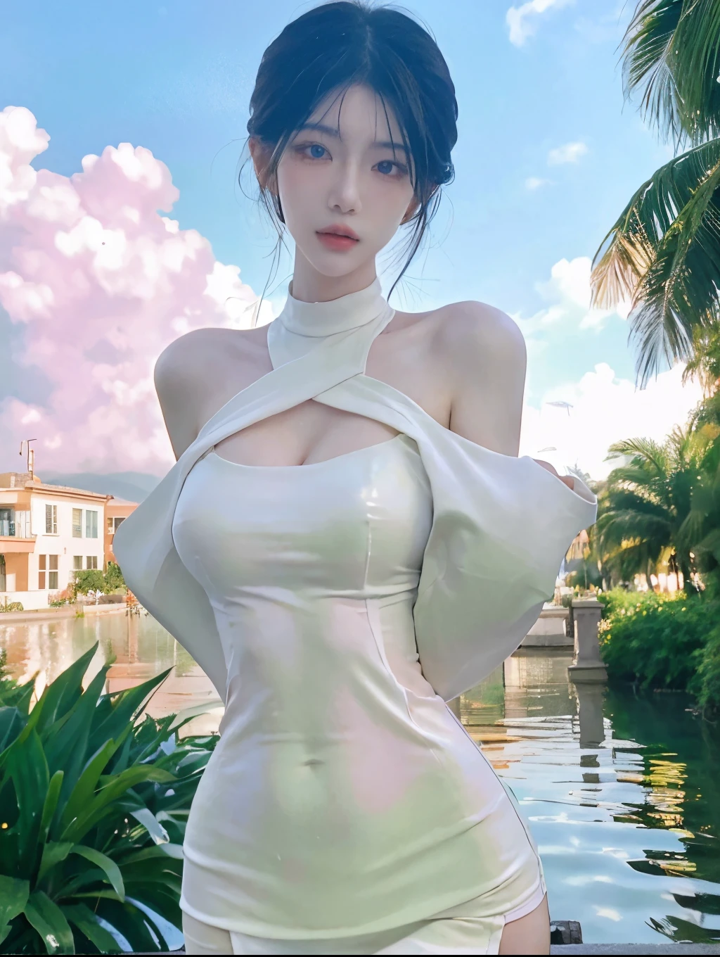 Beautiful woman with perfect figure：1.4，Layered hairstyle，White skin，Prominent cleavage，Bikini：1.5，Super short pleated skirt，whole body，Very delicate facial and skin texture，Double eyelids，Skin Whitening，Long white hair