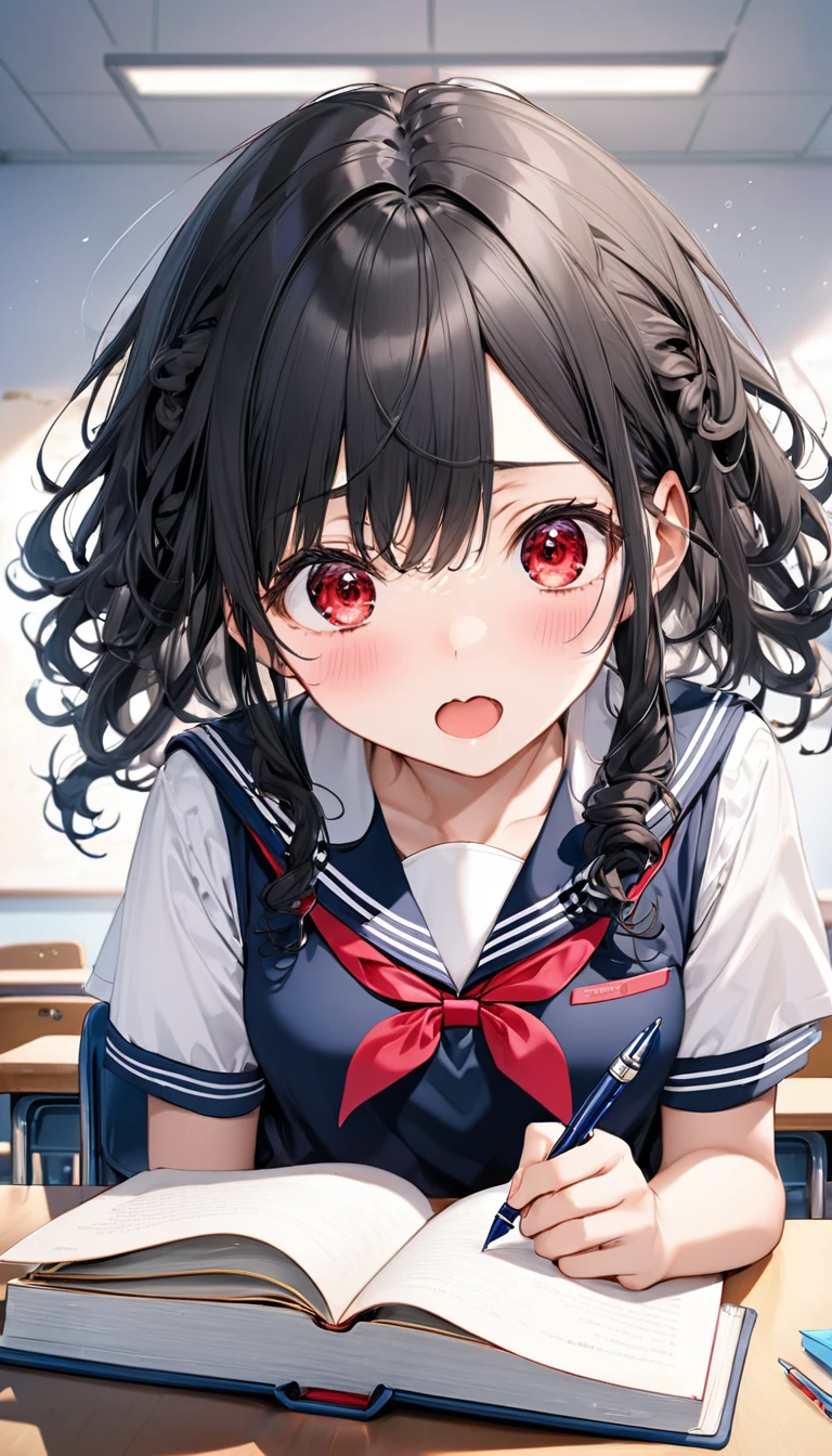 (diligence style) (sit in a desk chair, text books on the wide desk), (15 yo, solo:2 curly:1.3 black hair long hair lovely girl, surprised red eyes, surprised face), holding a pen, in a summer school sailor suit, skirt), break, in the school classroom, background a Good friends, BREAK, perfect anatomy, masterpiece, best quality, 16k, beautiful detailed grow, daydreaming expression.