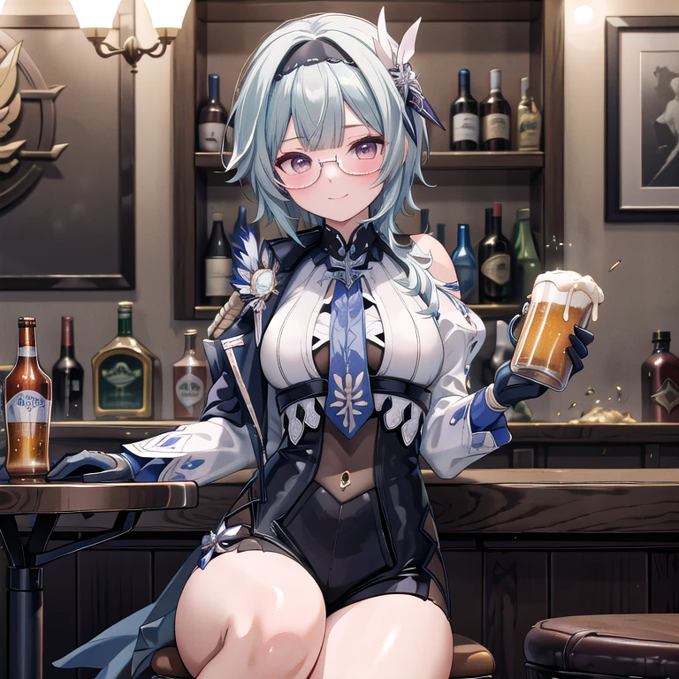 Eula Lawrence alone, sitting at a bar table, the night, Starry sky, holding a mug of beer by the handle in his left hand, Grinning, blushed face, with prescription glasses, a bottle of beer on the next table