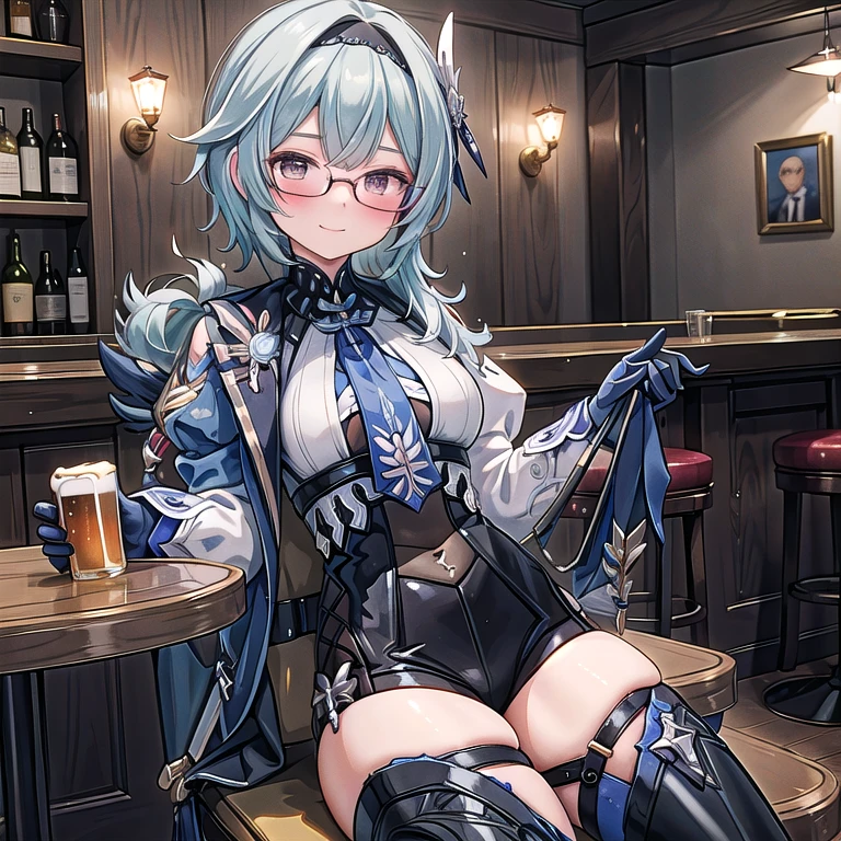 Eula Lawrence alone, sitting at a bar table, the night, Starry sky, holding a mug of beer by the handle in his left hand, Grinning, blushed face, with prescription glasses, a bottle of beer on the next table