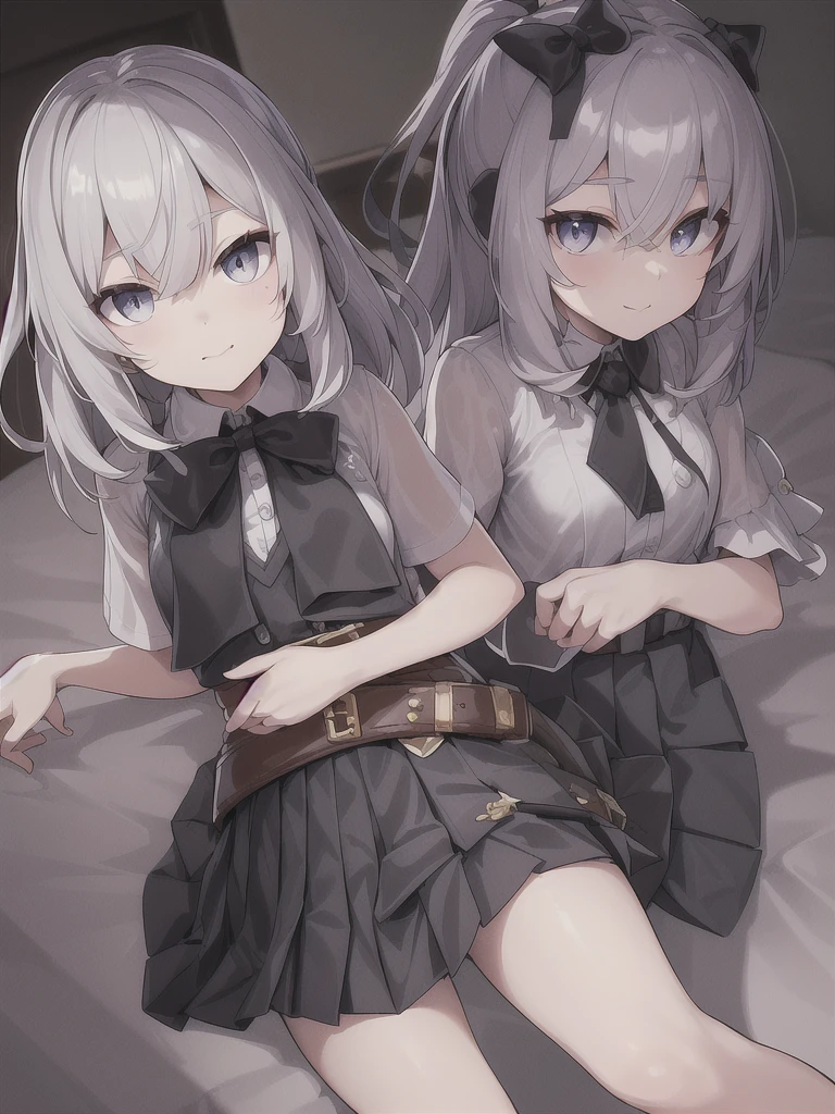 General Details: very detailed, very high resolution, exceptionally high resolution, exceptionally detailed, best quality, 3D artwork, perfect lighting and shading, perfect work, 1 girl, beautiful hands, perfect hands
Not  (): (:-1.5)
Clothing: clothing, (simple dark grey pleated short skirt:1.4), (shiny gold-buckled black leather belt:1.3), (dark blue bow tie:1.2), short sleeves, white shirt, white buttoned shirt
 Expression: small smile at the corner of the mouth, very sly eyes
Pose: standing, modeling, looking at the viewer
Character Traits: slender, kawaii, perfectly symmetrical face, soft pinkish cheeks, super cute girl, super cute face, exceptionally detailed eyes, exceptionally detailed hair, extremely cute, extremely beautiful
Background: stargazing field, night, dark, deep depth of field, exceptionally detailed background
Additional Physical Traits: large B-cup breasts, wide hips, large thighs, beautiful long legs, , short
Hairstyle: (ahoge:1.2), (short bob with  bangs), one side ponytail on the left, hair between the eyes, pale yellow hair with white tips, bright purple eyes.