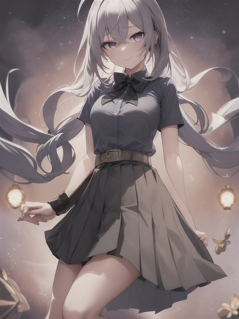 General Details: very detailed, very high resolution, exceptionally high resolution, exceptionally detailed, best quality, 3D artwork, perfect lighting and shading, perfect work, 1 girl, beautiful hands, perfect hands
Not NSFW (Not Safe for Work): (nsfw:-1.5)
Clothing: clothing, (simple dark grey pleated short skirt:1.4), (shiny gold-buckled black leather belt:1.3), (dark blue bow tie:1.2), short sleeves, white shirt, white buttoned shirt
Facial Expression: small smile at the corner of the mouth, very sly eyes
Pose: standing, modeling, looking at the viewer
Character Traits: slender, kawaii, perfectly symmetrical face, soft pinkish cheeks, super cute girl, super cute face, exceptionally detailed eyes, exceptionally detailed hair, extremely cute, extremely beautiful
Background: stargazing field, night, dark, deep depth of field, exceptionally detailed background
Additional Physical Traits: large B-cup breasts, wide hips, large thighs, beautiful long legs, , short
Hairstyle: (ahoge:1.2), (short bob with see-through bangs), one side ponytail on the left, hair between the eyes, pale yellow hair with white tips, bright purple eyes.