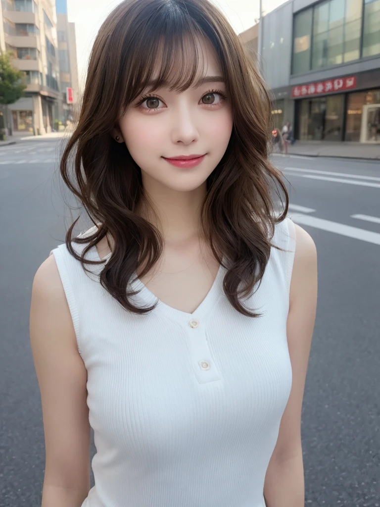 masutepiece, Best Quality, Illustration, Ultra-detailed, finely detail, hight resolution, 8K Wallpaper, Perfect dynamic composition, Beautiful detailed eyes, doress, mid-chest, Natural Color Lip, Random and sexy poses,Smile,Aoyama Street Walk、20 years girl、bobhair,Short hairstyle、Loose curly hair