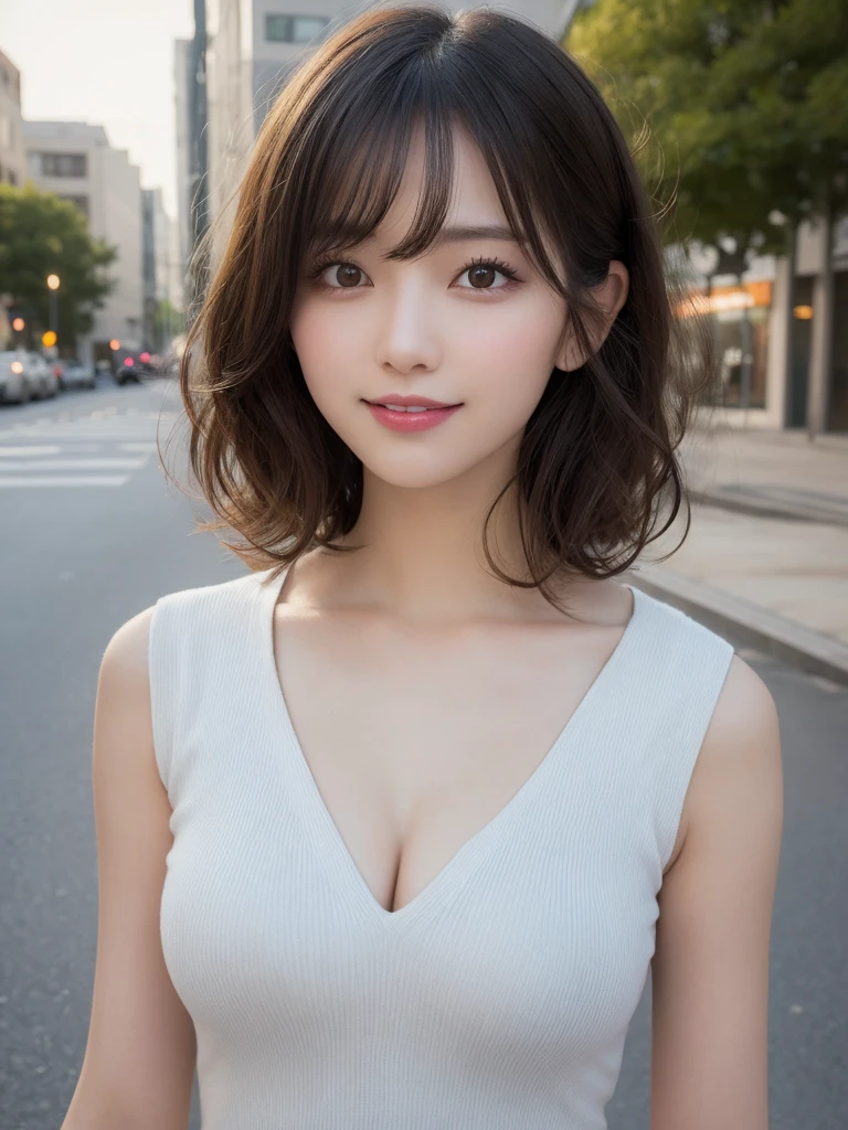 masutepiece, Best Quality, Illustration, Ultra-detailed, finely detail, hight resolution, 8K Wallpaper, Perfect dynamic composition, Beautiful detailed eyes, doress, mid-chest, Natural Color Lip, Random and sexy poses,Smile,Aoyama Street Walk、20 years girl、bobhair,Short hairstyle、Loose curly hair