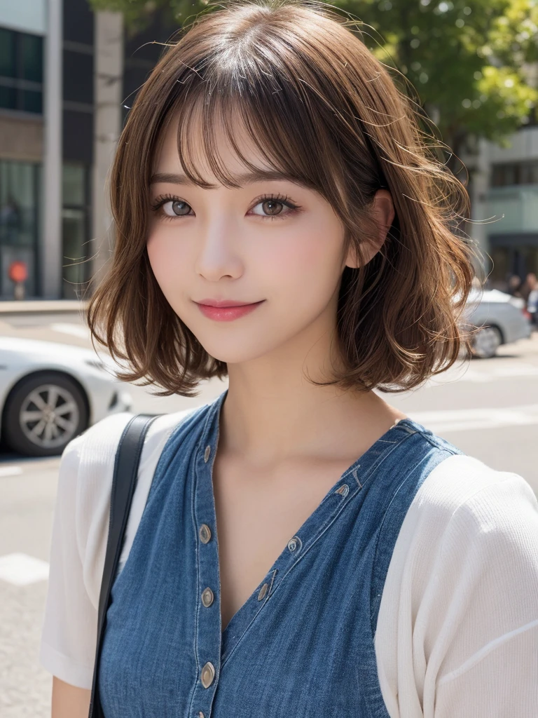 masutepiece, Best Quality, Illustration, Ultra-detailed, finely detail, hight resolution, 8K Wallpaper, Perfect dynamic composition, Beautiful detailed eyes, doress, mid-chest, Natural Color Lip, Random and sexy poses,Smile,Aoyama Street Walk、20 years girl、bobhair,Short hairstyle、Loose curly hair