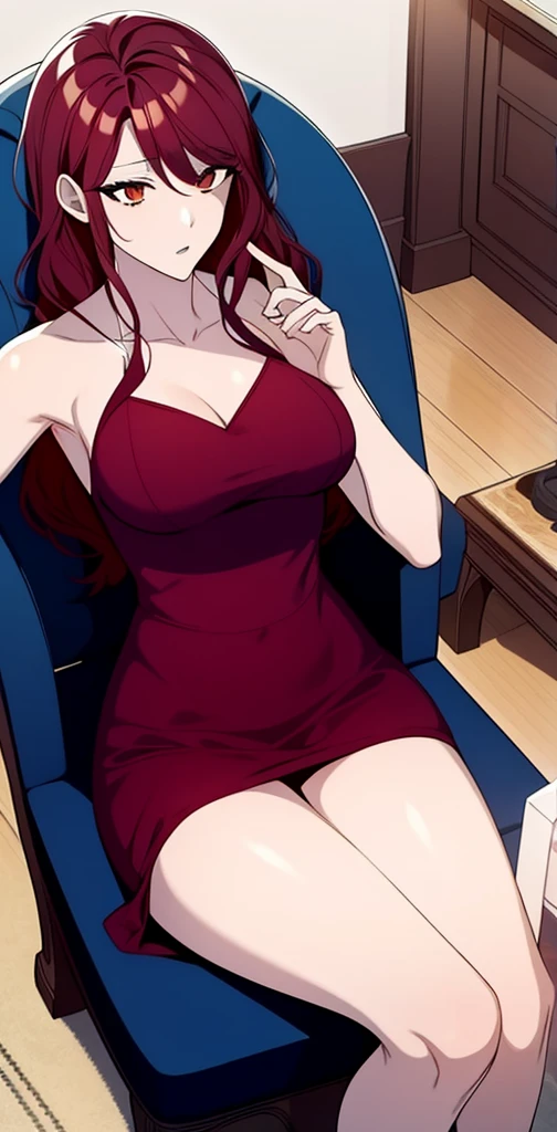 (Ultra HD) woman sitting on chair,in red dress,