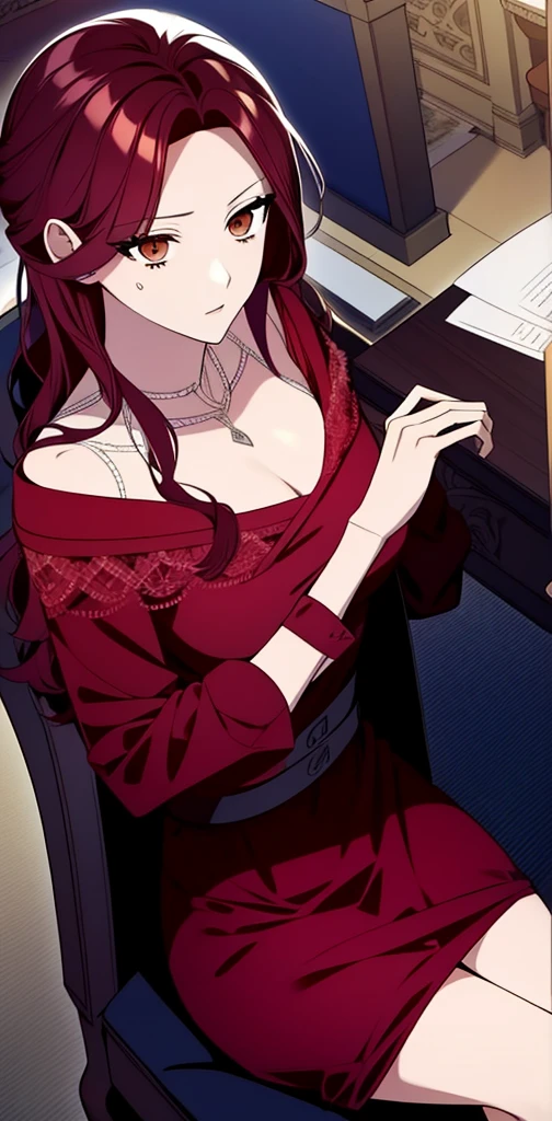 (Ultra HD) woman sitting on chair,in red dress,