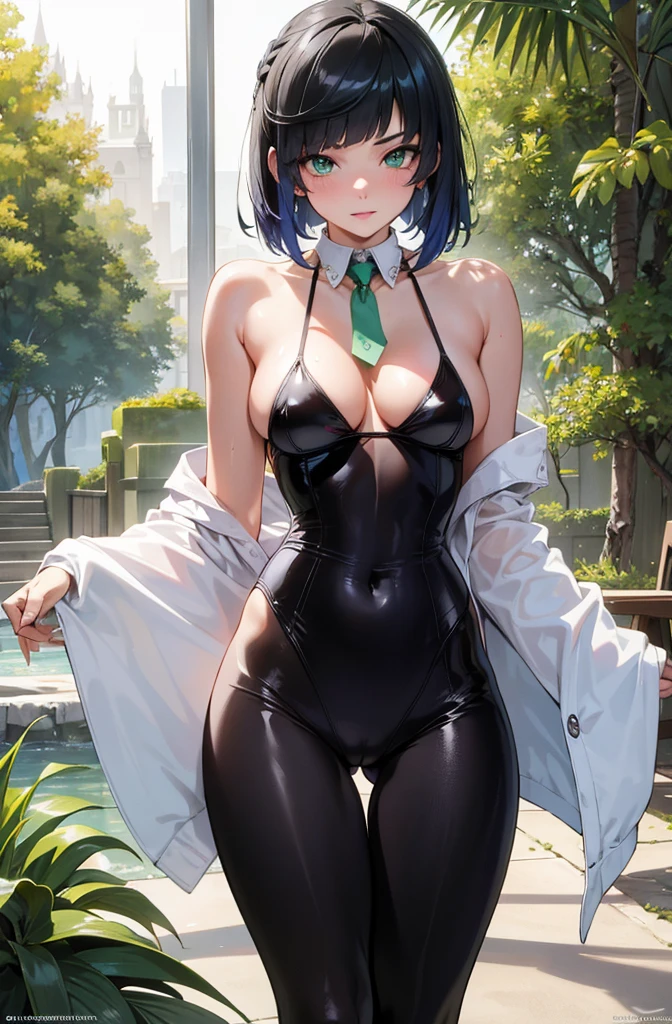 perfect body, sensual , , feminine super small suit and tie, wearing Ultra HD tight , 4k image, best image quality, (fidelity: 1.4), photoreal, light green eyes, eyelashes, beautiful pupil, shadows, light blush, delicate  features, reasonable  features,  waist, natural poses, showing her beauty, , showing some 