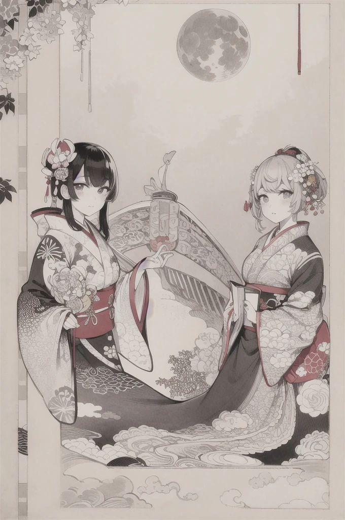 best quality, masterpiece, photo, 4K, photorealistic, highly detailed, huge moon in the background, black and white, closeup, Create a realistic ukiyo-e illustration of a cute girl in a kimono that conveys Japanese culture in various poses with a Japanese garden in the background, using a simple monochrome coloring book that even children can do.
