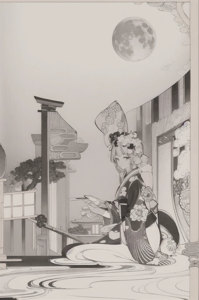 best quality, masterpiece, photo, 4K, photorealistic, highly detailed, huge moon in the background, black and white, closeup, Create a realistic ukiyo-e illustration of a cute girl in a kimono that conveys Japanese culture in various poses with a Japanese garden in the background, using a simple monochrome coloring book that even children can do.