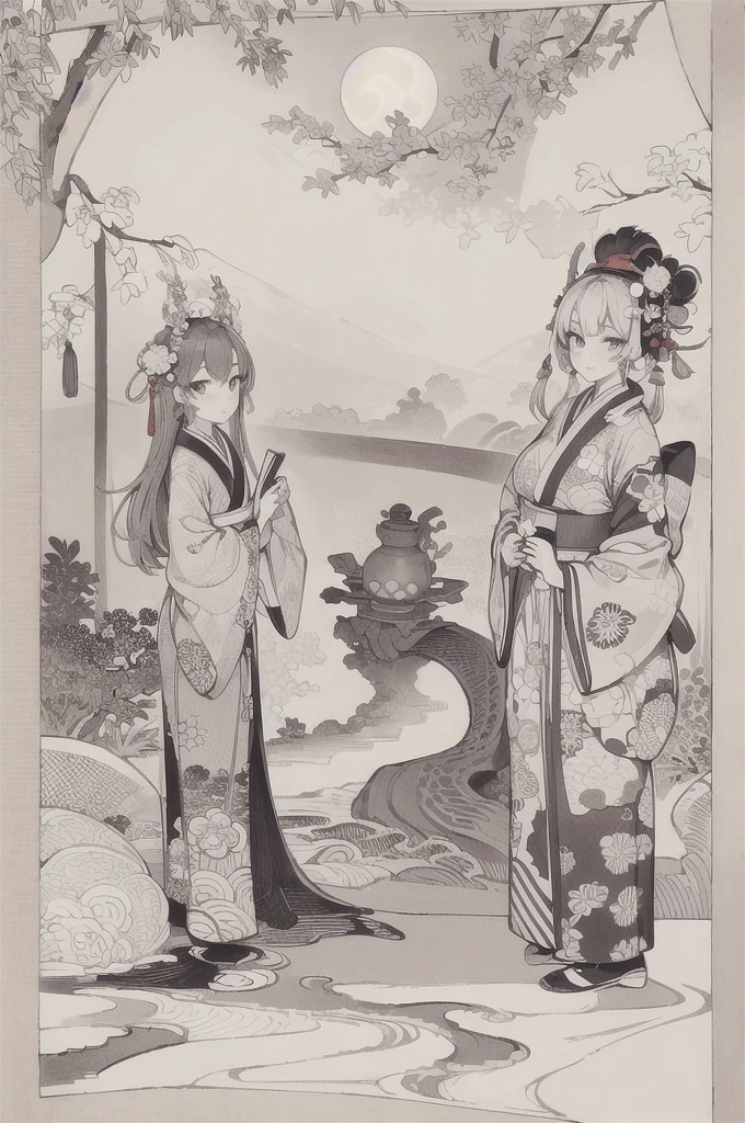 best quality, masterpiece, photo, 4K, photorealistic, highly detailed, huge moon in the background, black and white, closeup, Create a realistic ukiyo-e illustration of a cute girl in a kimono that conveys Japanese culture in various poses with a Japanese garden in the background, using a simple monochrome coloring book that even children can do.