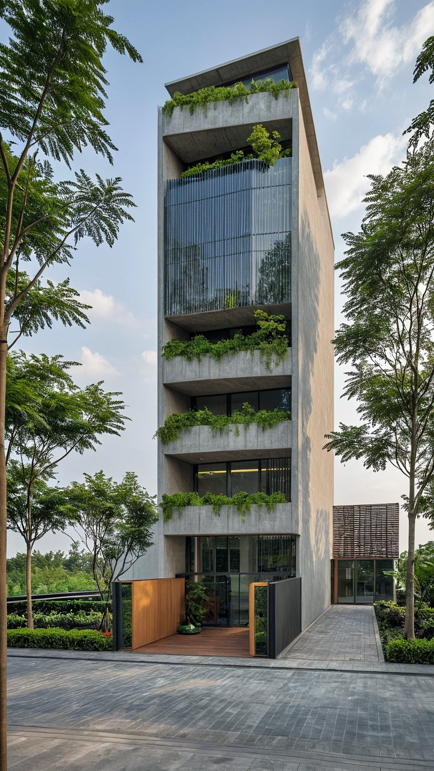 Masterpiece, high quality, best quality, authentic, super detail, outdoors, onestoreyofficeXL, aiaigroup, The office building stands tall with its sleek, modern design, characterized by extensive glass facades that reflect the sky and surrounding cityscape. Large, floor-to-ceiling windows are fitted with stylish sun-shading louvers, ensuring a comfortable and energy-efficient environment inside. The front of the building is adorned with lush greenery, featuring a variety of plants and trees that add a touch of nature to the urban setting. People are walking briskly in front of the building, some engaged in conversation, while others are focused on their destinations. The atmosphere is bustling yet orderly, encapsulating the dynamic and productive spirit of the area. , road,pavement, grass, trees, sky, cloud, (daylight:1.1), random style color exterior
