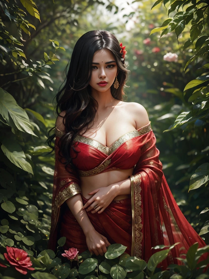 In a picturesque garden full of flowers, amidst a stunning woman((( Anne Hathaway:Selena Gomez:0.6))) , 184 cm tall in a vibrant red and black saree strikes a seductive pose, enchanting all who lay eyes upon her. (((Big round :1.4))) Delicate petals glisten with raindrops, while trees sway with the rhythm of the wind, creating a mesmerizing bokeh backdrop. As the droplets cascade down her curves, the atmosphere becomes charged with sensual energy. Explore the allure and raw sensuality of this captivating woman, as she embraces the magic of the monsoon, don't create out of frame illustration