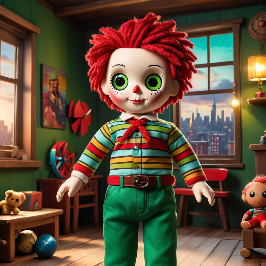 (knitted toy voodoo doll: 1.6), (Voodoo Karlsson: 1.8), (Clothes striped shirt, green pants, red hair with a propeller on the back, big belly: 1.8), mischievous smile, (in the background a cozy attic with toys and a window with a sunny cityscape: 1.2), best quality, masterpiece, detailed soft oil painting, detailed background, dramatic cinematic lighting, soft edge lighting, professional, dramatic lighting, hard edge lighting, ultra quality, 4k,masterpiece, best quality, 8k, ultra highres, highres, extremely detailed