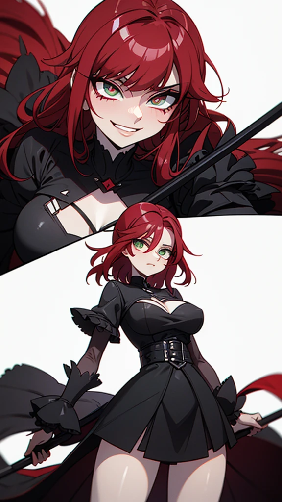 A female character with long, curly Ruby red hair. Character wielding a black scythe with a dark shadow-like figure with two white eyes in the background. Emerald green eyes. Character with a macabre smile is scary and a malicious expression. Black clothing is red short and sensual. darkness background