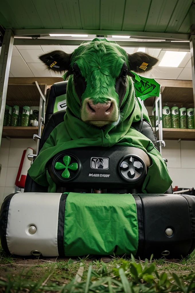 Make me a picture of a gamer green cow