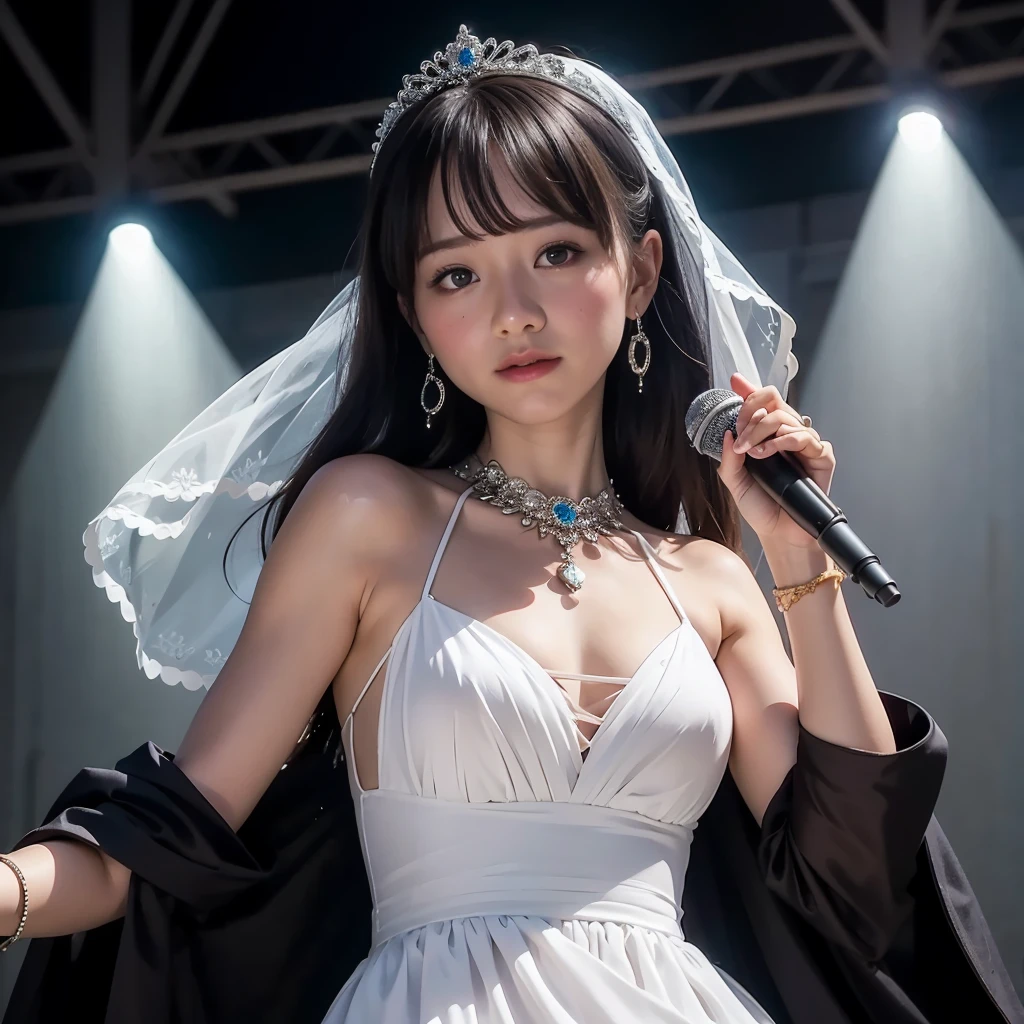 a beautiful young japanese idol in a white dress and veil holding a microphone, extremely detailed and realistic portrait, intricate anime cosplay, ig model, artcore style, lost in reverie, 8k resolution, canon eos r6 photography, background is blight,without veil