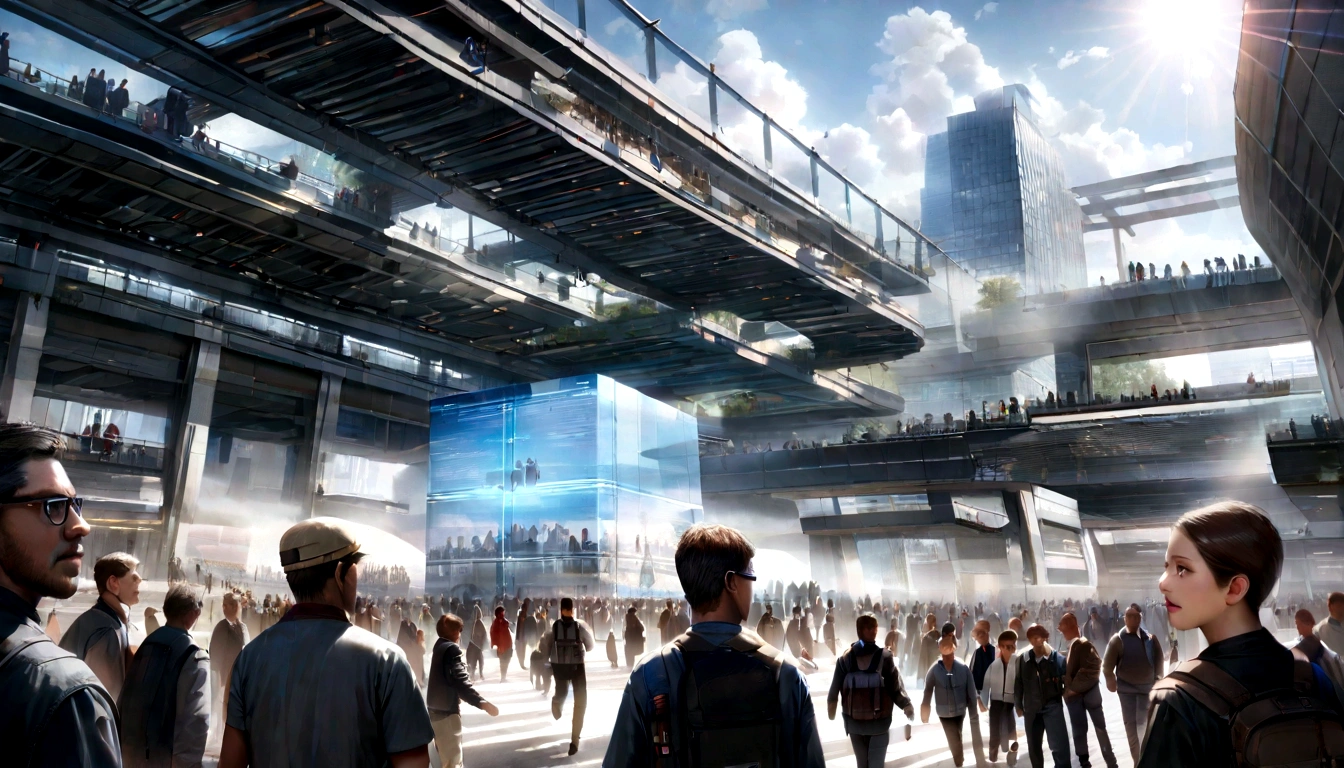 True, realistic, cinematic quality, super detail, super quality, super hd, real photography, ((people working on Hologram Building)), sunshine, fog