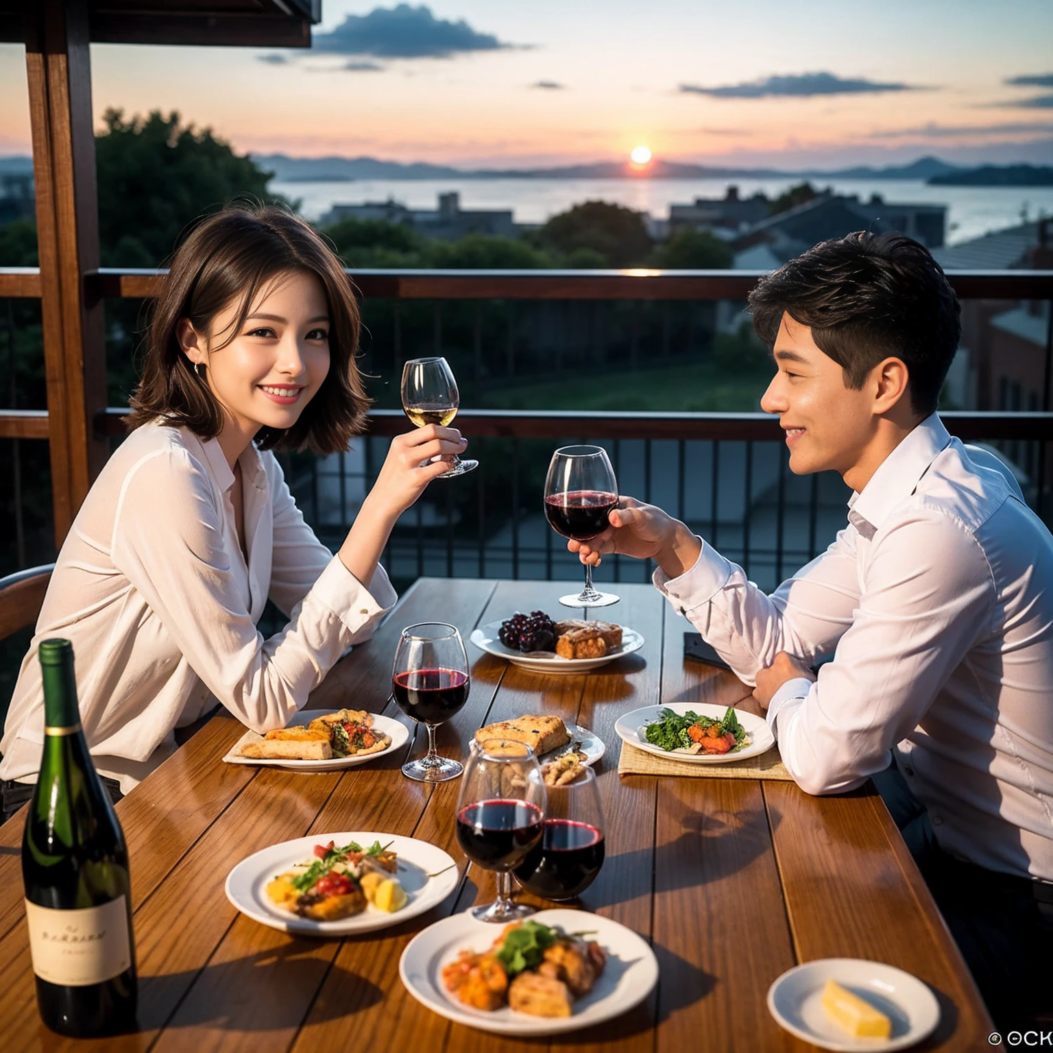 ((Highest quality、8K、masterpiece:1.3))、 (Ultra-realistic、 Genuine、Bright image、Intricate details:1.2), 最高のsmile、1 male、1 female、Beautiful couple、Love Love Love、Lovers in Yokohama、Good friends、actress couple、smile、Full-course dinner at a packed table、 (Slim face), (the body is slim), (Brown Hair), (short hair), テーブルのwine glass、Please shine a light on my face、 Amazing view of the sunset sky and clouds、 years old 39 years old, red wine 、Appetizers、Wine bottle、sparkling wine、Long sleeve shirt、dress、White wine, red wine, wine glass,