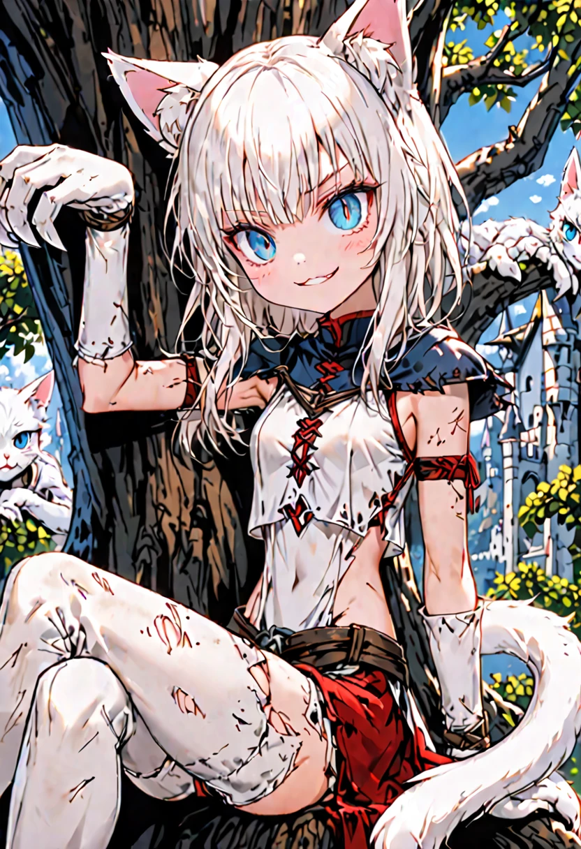 female, short straight white hair, blue eyes, short, white furry forearms, furry claws, white cat ears, white cat tail, slit pupils, small breasts, short, one paw up, skimpy clothes, medieval, athletic, bare midriff, cheeky smile, close up, tattered clothes, red mascara, cute wink, action pose, sitting on tree