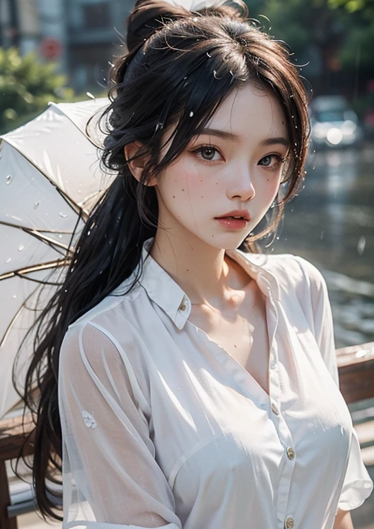 (((Upper body shot,Close-up photo)))、(((long hair,Bun hairstyle)))、(((Rainy Day,get wet)))、(((White summer chiffon shirt,get wet雪紡衫)))、18 years old、angry、girl、Plump breasts、Point on chest、Penetrating breasts、Showing nipples、Light eye makeup、Ultra-realistic faces、High resolution 16K、Skin texture must be natural、Use natural light and color、 High-quality photos taken by model agencies.