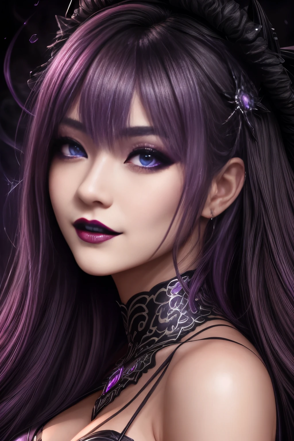 Lucifer, purple eyes, purple hair, huge breasts, long hair, hair over eyes, mask,