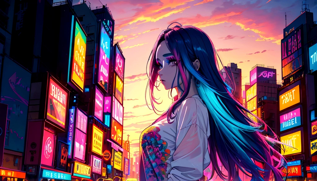 Sunset, colorful neon city, beautiful woman with colorful makeup, relaxing, blue long hair, colorful shirt, casual, upper body, front view, 8k, detailed digital art, detailed artwork, ultra high resolution wallpaper, art wallpaper 4k,