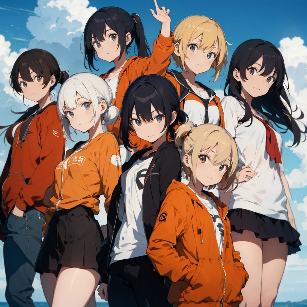 A group of characters together as if it were the cover of a 2D anime, that have human form, with orange jackets written Breakdown in white
