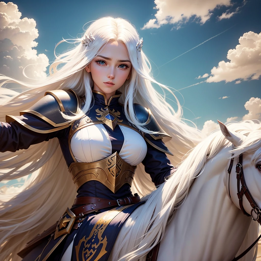 Powerful paladin with a very beautiful face with long white hair rising to the sky riding a cloud