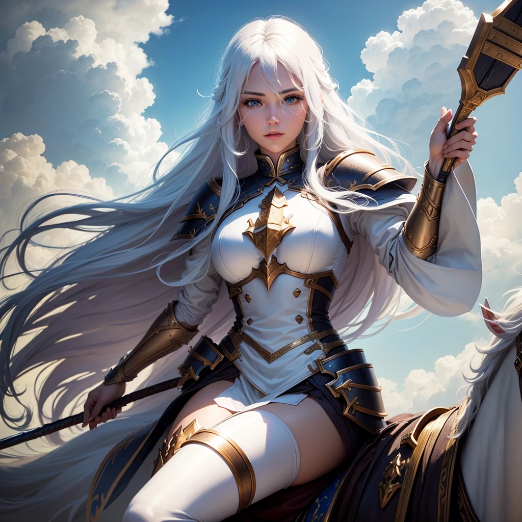 Powerful paladin with a very beautiful face with long white hair rising to the sky riding a cloud 