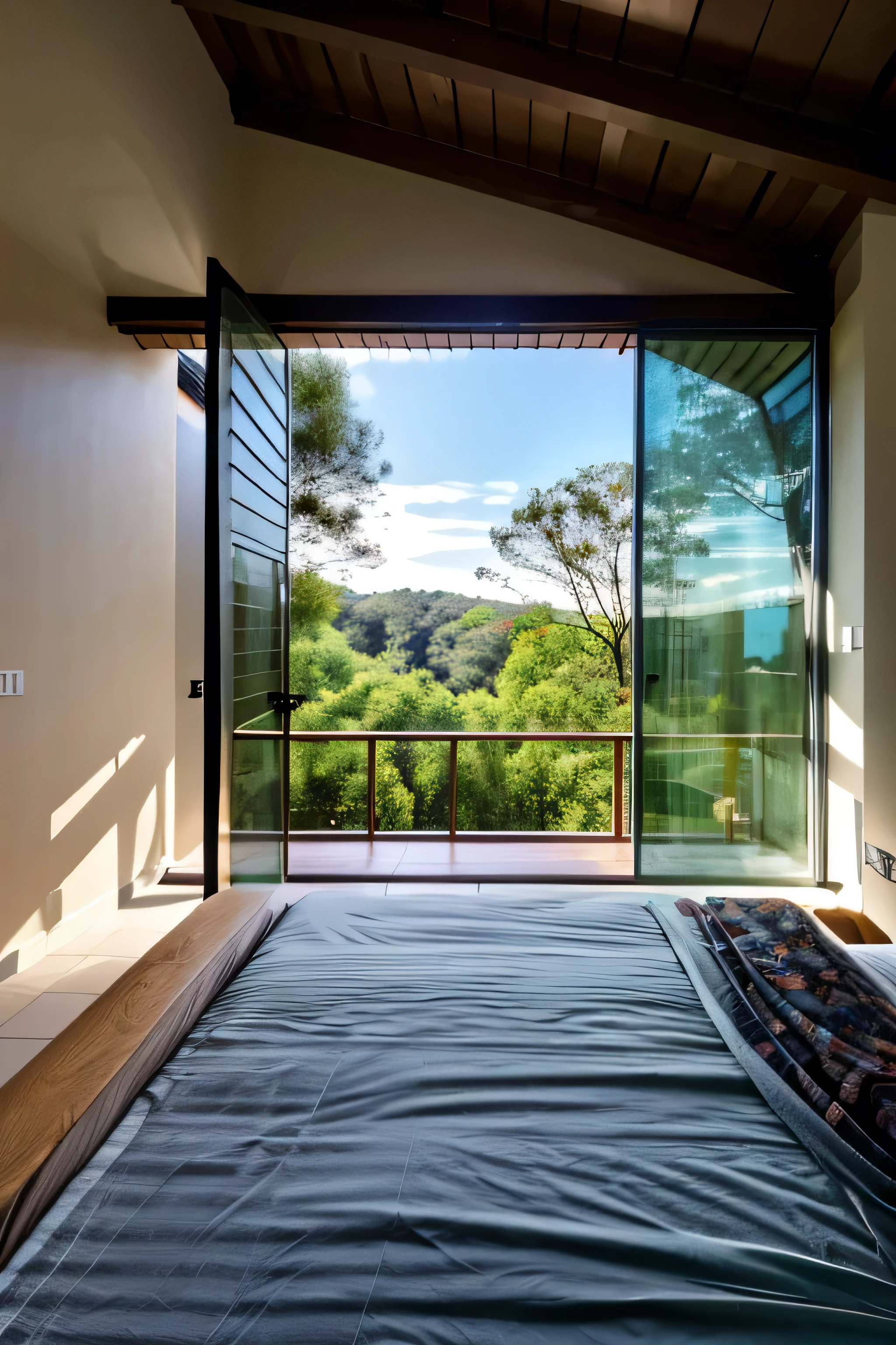 Room, view from outside, flowersta la fora, bed-in, Raby, book shelf, high view, decorated furniture, floor, 8k realism, flowers, swimpool,
