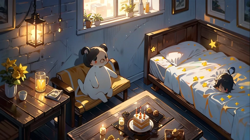 Dark apartment, small birthday cake on old wooden table, modern apartment, alarm clock on the wall,anime scene.Upward shot,Bottom-up perspective,No humans