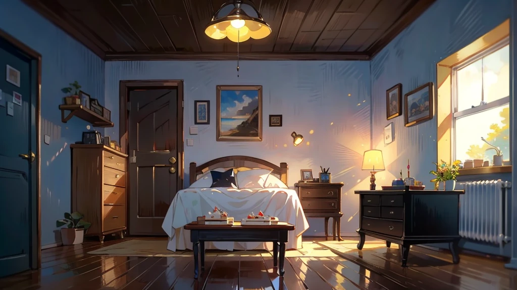 Dark apartment, small birthday cake on old wooden table, modern apartment, alarm clock on the wall，anime scene.Upward shot，Bottom-up perspective，No humans