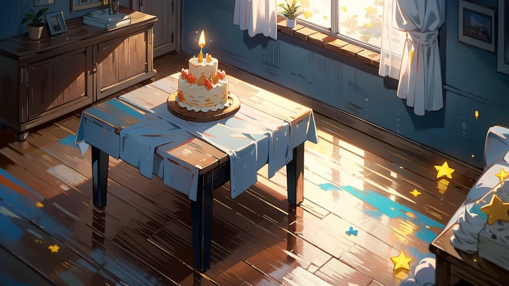 Dark apartment, small birthday cake on old wooden table, modern apartment, alarm clock on the wall，anime scene.Upward shot，Bottom-up perspective，No humans