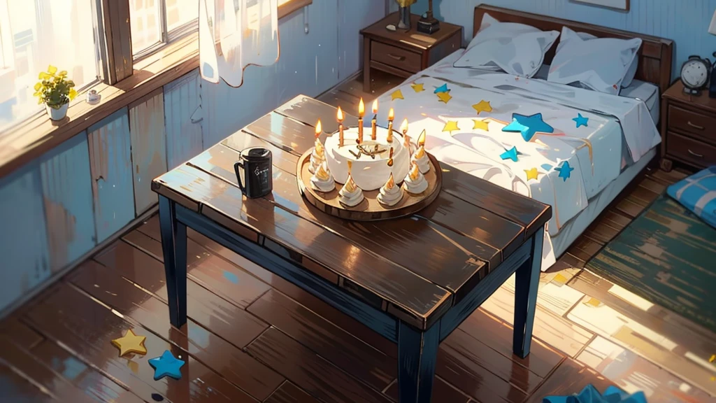 Dark apartment, small birthday cake on old wooden table, modern apartment, alarm clock on the wall，anime scene.Upward shot，Bottom-up perspective，No humans