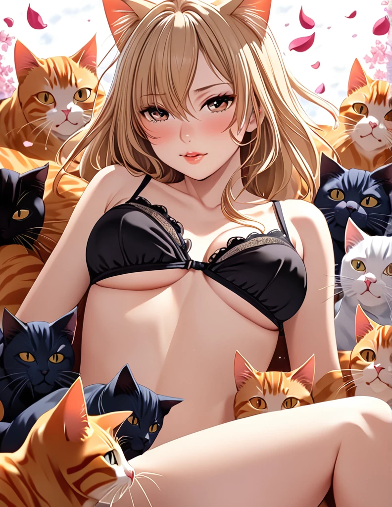 (Harem Manga style:1.2) , Hallucination, daydream , nightmare , Insane Dream , bokeh , erotica , romance , nudity girl and realistic cat , Petals fluttering down , (Single eyelids, round nose, swollen cheeks) , glossy lips , Collarbone , Hair blowing in the wind , Goddess of lust , lying back , (hide crotch by cats:1.5) , (hide nipple by many cats:1.5) , (close up cat:1.1) , spread legs , bra