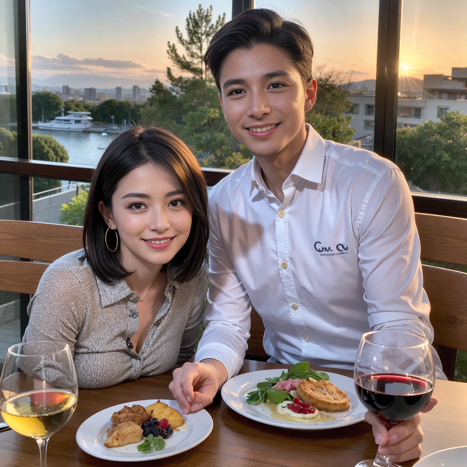 ((Highest quality、8K、masterpiece:1.3))、 (Ultra-realistic、 Genuine、Bright image、Intricate details:1.2), 最高のsmile、1 male、1 female、Beautiful couple、Love Love Love、To all Yokohama lovers、Good friends、actress couple、smile、Full-course dinner at a packed table、 (Slim face), (the body is slim), (Brown Hair), (short hair), テーブルのwine glass、Please shine a light on my face、 Amazing view of the sunset sky and clouds、42 years old 39 years old, red wine 、Appetizers、Wine bottle、sparkling wine、Long sleeve shirt、dress、White wine, red wine, wine glass, 