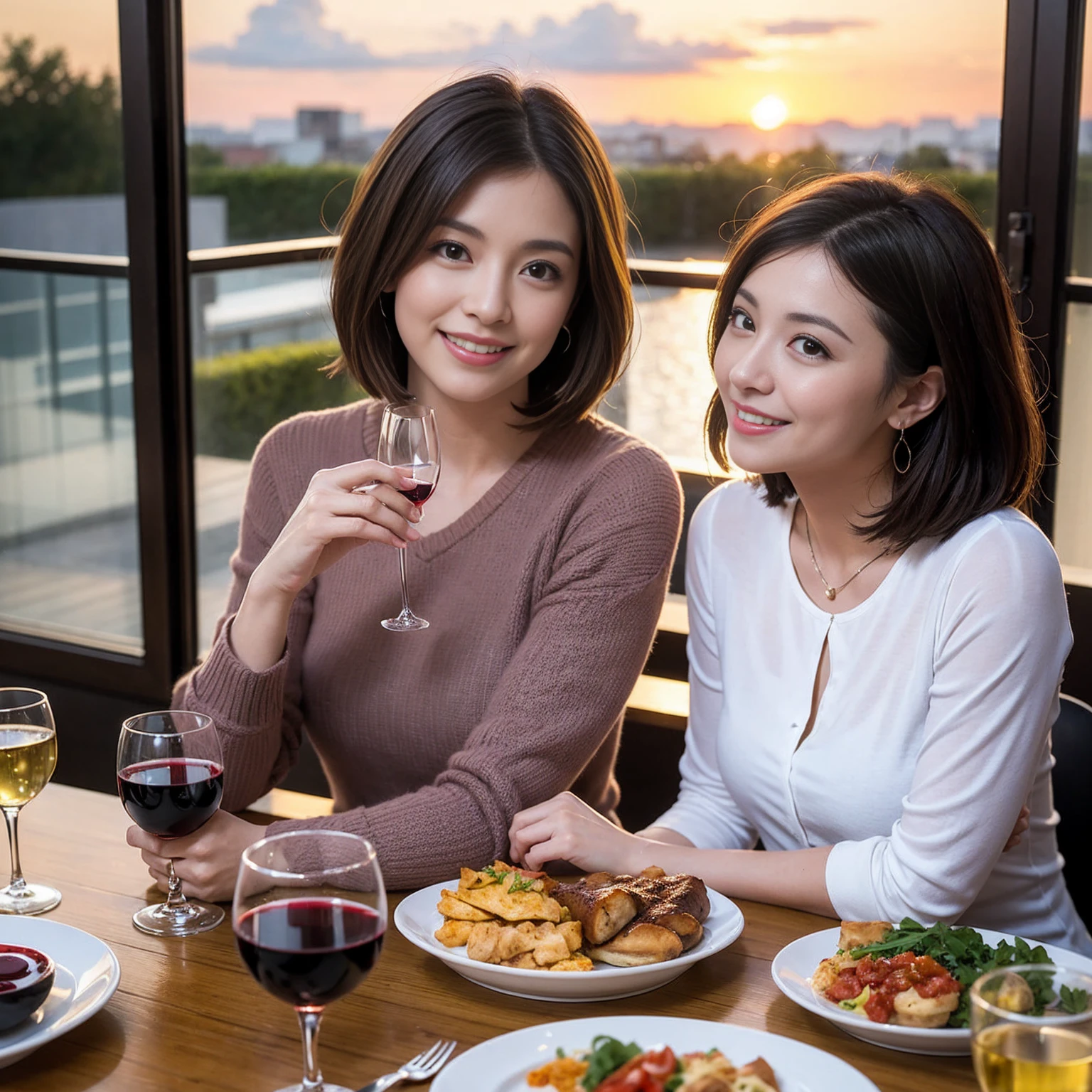 ((Highest quality、8K、masterpiece:1.3))、 (Ultra-realistic、 Genuine、Bright image、Intricate details:1.2), 最高のsmile、1 male、1 female、Beautiful couple、Love Love Love、To all Yokohama lovers、Good friends、actress couple、smile、Full-course dinner at a packed table、 (Slim face), (the body is slim), (Brown Hair), (short hair), テーブルのwine glass、Please shine a light on my face、 Amazing view of the sunset sky and clouds、42 years old 39 years old, red wine 、Appetizers、Wine bottle、sparkling wine、Long sleeve shirt、dress、White wine, red wine, wine glass, 