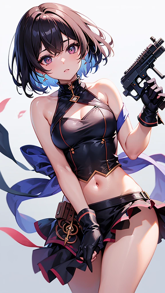 Short shoulder length hair girl, beautiful, pointed gun