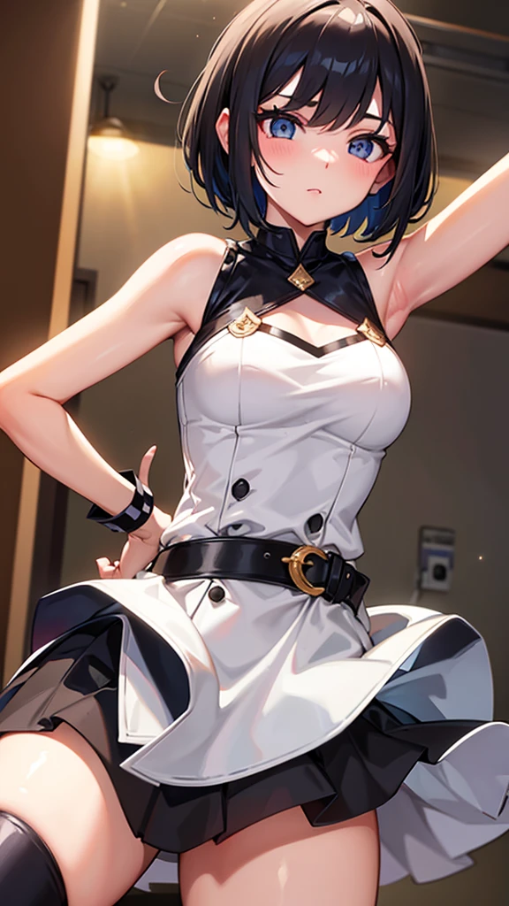 Short shoulder length hair girl, beautiful, pointed gun