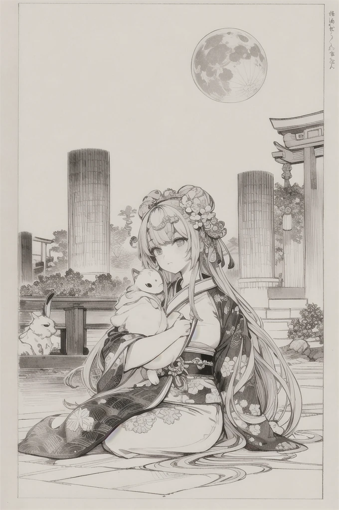 best quality, masterpiece, photo, 4K, only one person, photorealistic, highly detailed, huge moon in the background, black and white, closeup, Create a realistic ukiyo-e illustration of a cute girl in a kimono that conveys Japanese culture in various poses with a Japanese garden in the background, using a simple monochrome coloring book that even children can do.
