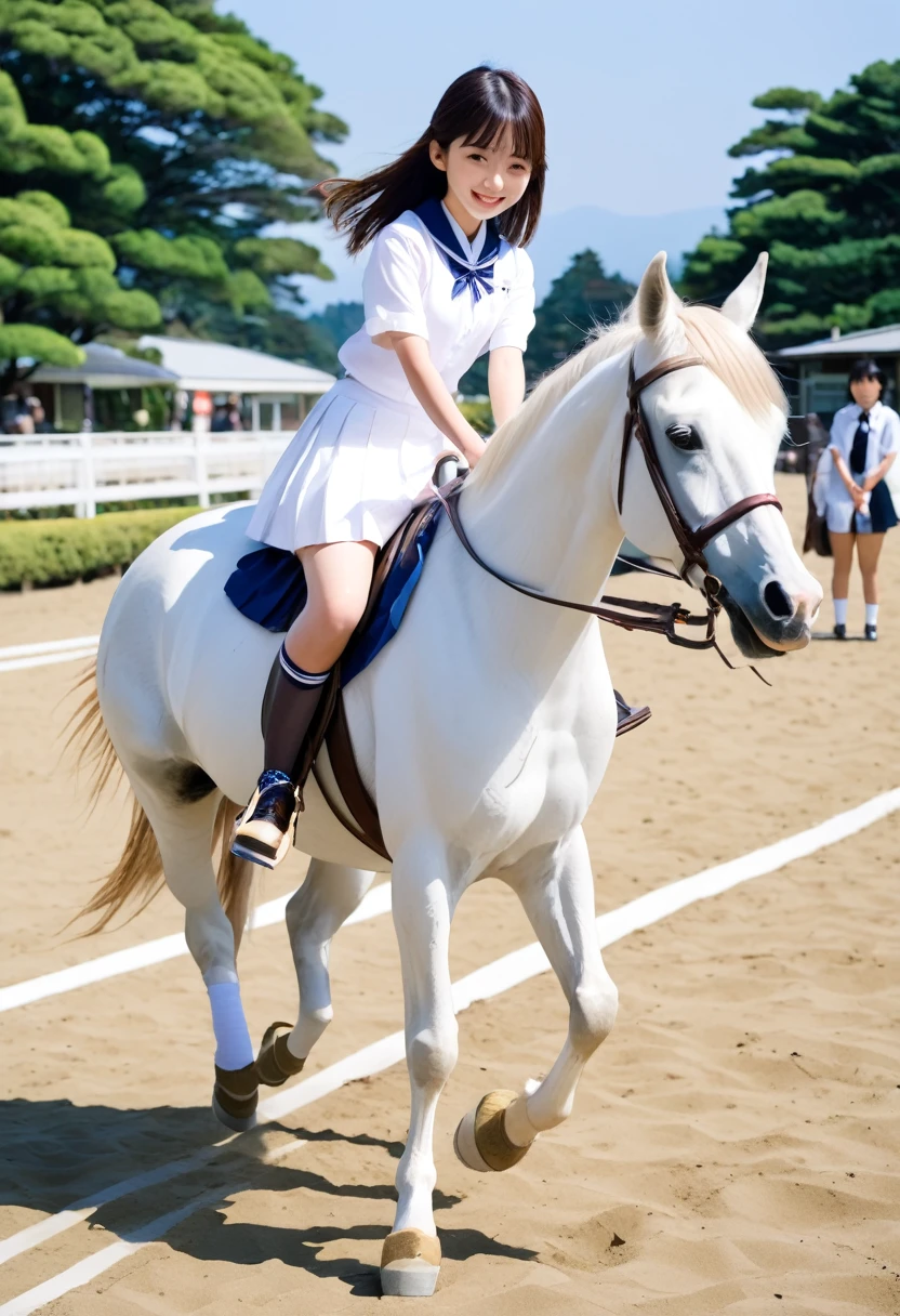 Japanese high school girl riding a horse, wearing white summer socks