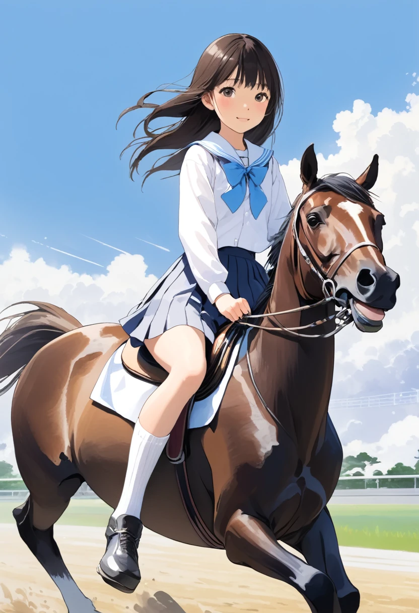 Japanese high school girl riding a horse, wearing white summer socks