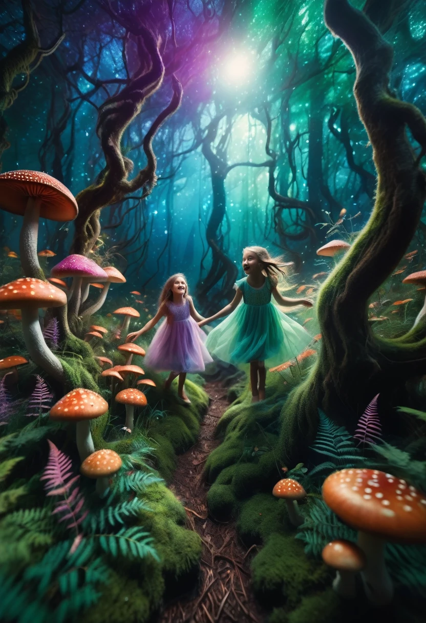 A fantastic and colorful illustration showing a group of children playing and exploring in a magical forest. Trees have unusual shapes and colors, with branches that twist and intertwine, creating an environment full of magic and wonder.

Children run and jump over raised roots, surrounded by bright flowers and luminous mushrooms. Some have stopped to observe small magical creatures that float and flutter around them, like fairies and elves. Others are building shelters with branches and leaves, giving life to your dreams.

The color palette is vibrant and saturated, with intense shades of green, blue, purple, orange and pink that give the scene an ethereal and dreamlike appearance. The lighting is warm and diffuse, creating an enchanted and welcoming atmosphere.

Focus on capturing joy, the curiosity and overflowing imagination of children as they interact with this fantastic world. that every detail, from the textures of the vegetation to the expressions on the faces, convey a sense of wonder and unlimited possibilities."

It&#39;s prompt, I have tried to provide clear instructions on:

The magical and fantastic environment of the forest The activities and emotions of the children The use of a vibrant and warm color palette The lighting and the immersive atmosphere