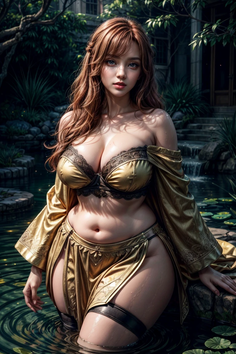 masterpiece, (photorealistic:1.4), beautiful eyes, garden of loutus , 1girl, solo, full-figured, belly pooch, pond of water, teal and gold robes, crop top, long skirt, voluptuous, best quality, super high res, sexy, thick thighs, thigh highs, curvy hips, intimate, closeup, masterpiece, best quality, dynamic pose,aesthetic, beautiful face, face focus, closeup, 8k, RAW photo, photo-realistic, long, wavy hair, photorealistic, cinematic lights, intricate details, highly detailed, fantasy, cinematic, dimmed colors, ginger_hair, auburn hair, bangs, gold accents, skirt, long skirt, off_shoulder, robes, standing in water
