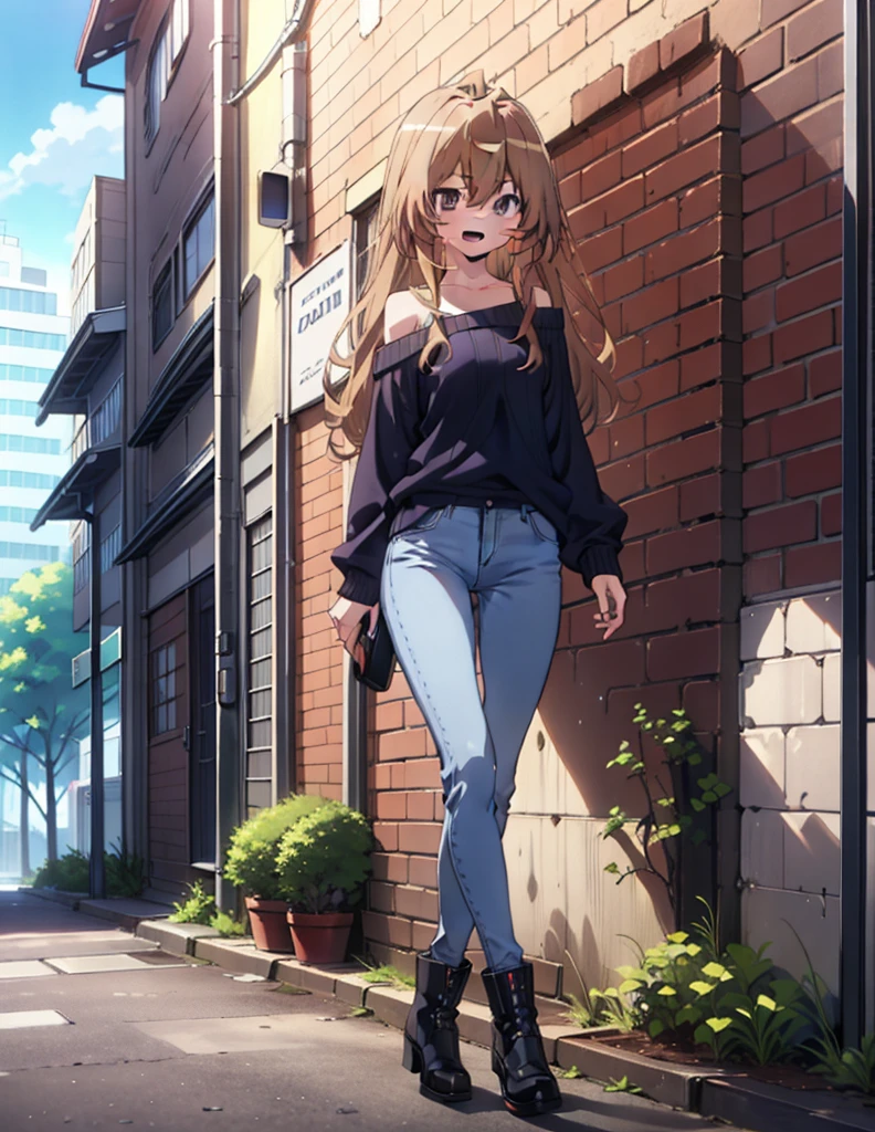 Taiga Aisaka, taiga aisaka, Long Hair, Brown Hair, Brown eyes,happy smile, smile, Open your mouth,One-shoulder sweater,Skinny jeans,short boots,Daytime,Clear skies,Walking,whole bodyがイラストに入るように,
break outdoors, Building district,
break looking at viewer, whole body,
break (masterpiece:1.2), Highest quality, High resolution, unity 8k wallpaper, (shape:0.8), (Beautiful attention to detail:1.6), Highly detailed face, Perfect lighting, Extremely detailed CG, (Perfect hands, Perfect Anatomy),